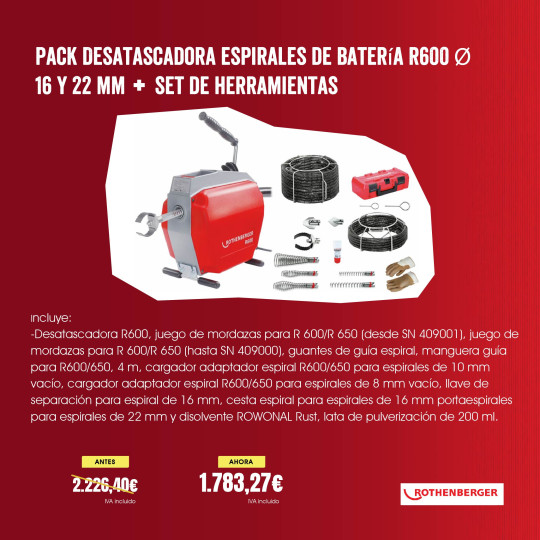 Desatascadora de espirales de batería R600 Ø 16 y 22 mm + set de herramientas